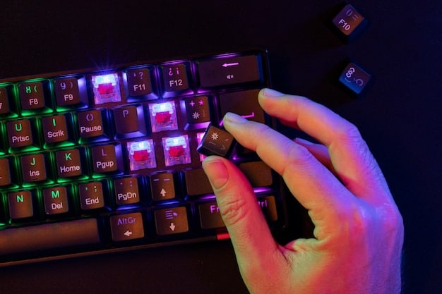 A gamer's hand resting on a customized gaming keyboard with highlighted WASD and surrounding keys, showcasing an ergonomic layout designed for quick access and comfort. The background features a blurred gaming setup with multiple monitors.