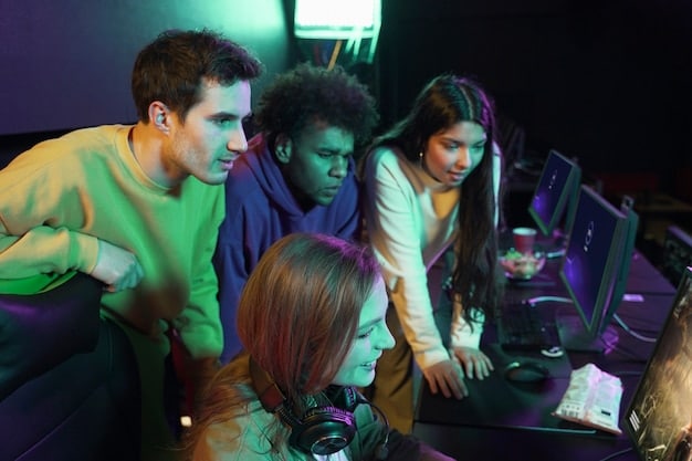 A photo capturing the intense concentration and teamwork of a group of esports players during a high-stakes PC gaming tournament match. The players are communicating and strategizing in real-time.