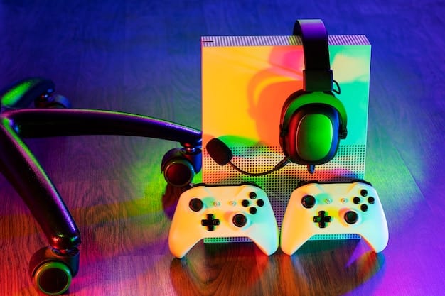 A gaming setup with RGB lighting effects on the keyboard, mouse, headset, and PC case. The software interface for controlling these lighting effects is visible on the monitor.