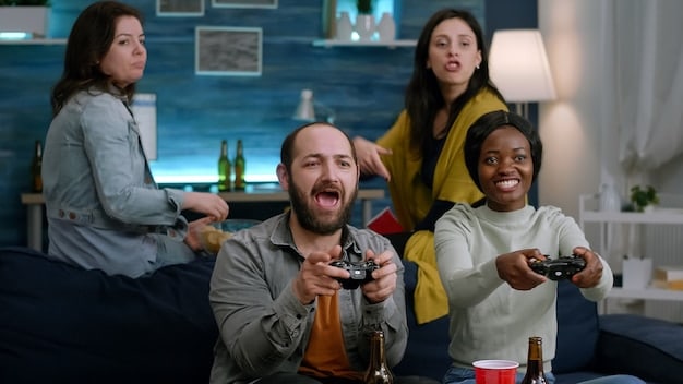 A group of diverse PC gamers, laughing and high-fiving each other at a gaming convention, showcasing the camaraderie and excitement of meeting fellow gamers in person.