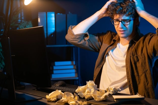 A person looking stressed and overwhelmed, surrounded by overdue bills and a laptop displaying a mobile game. The scene represents the financial and personal consequences of gaming addiction.