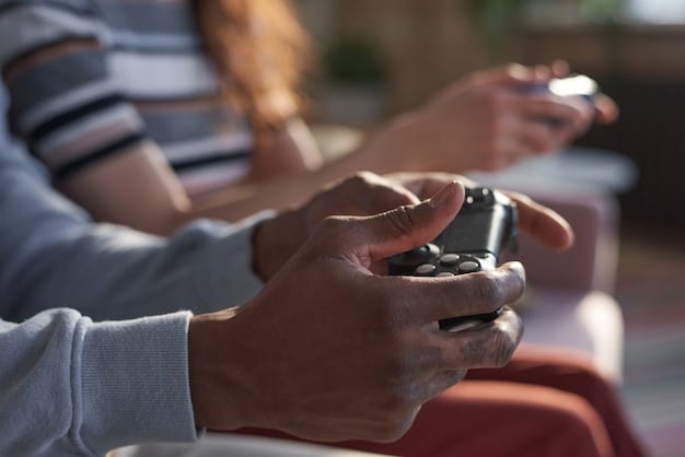 A person's hands holding a mobile gaming controller while playing a visually engaging game on a smartphone. Focus on the controller and the immersive gaming experience.