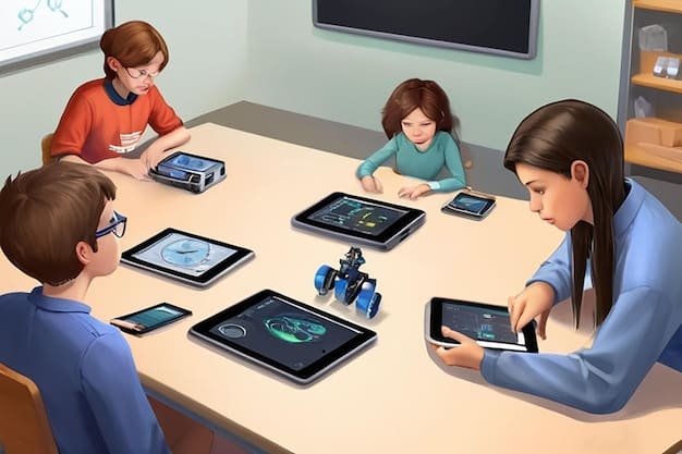 A classroom setting with students using tablets to interact with an AR application. The application displays a 3D model of the human heart overlaid on a student's desk, with interactive labels and animations illustrating its functions. The students appear engaged and focused on the learning experience.