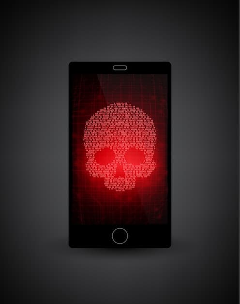 A stylized image of a smartphone with a cracked screen, surrounded by digital code and warning signs, illustrating the vulnerability of mobile devices to hacking and malware.