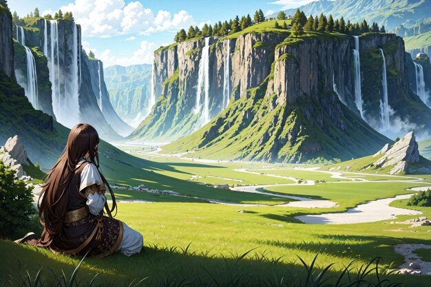 Screenshot of Genshin Impact gameplay showing the player character exploring a detailed and vibrant open-world environment with lush green fields and towering mountains.