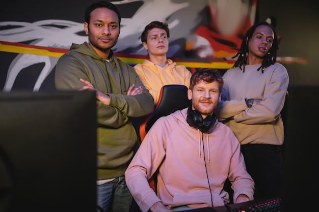 A diverse group of esports players from different nationalities celebrating a victory together on stage, holding up a championship trophy. Confetti is raining down, and the atmosphere is jubilant and inclusive.