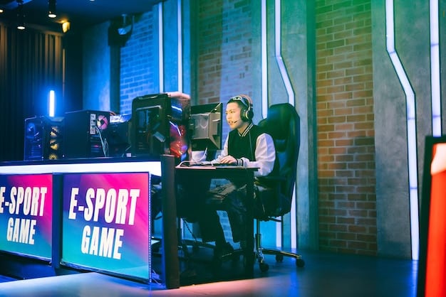 A well-lit, modern collegiate esports arena with multiple gaming stations, large screens displaying gameplay, and a coach reviewing strategies with the team.