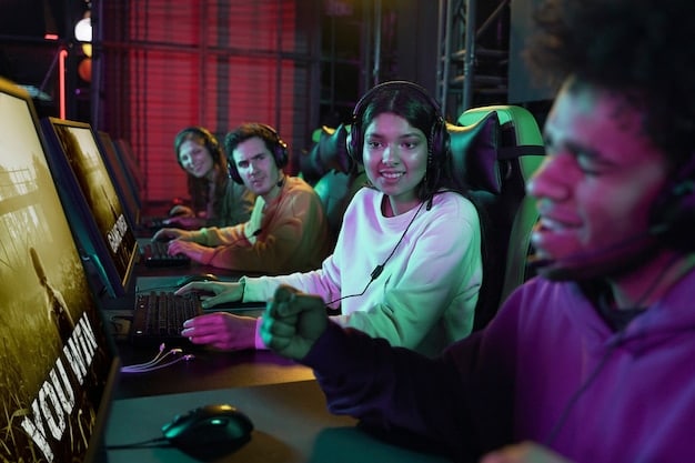 A medium shot of an esports coach reviewing strategy with his team in a brightly lit training center. Multiple computer screens show game footage in the background.