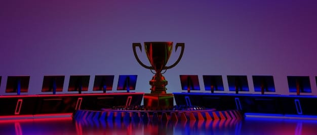 An image showing the trophy presentation ceremony at a major esports tournament final in the US, symbolizing victory and the high stakes involved in professional esports.