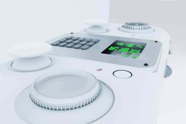 A close-up rendering of a futuristic console controller, with advanced haptic feedback technology showcased through glowing lines and textures. The backdrop features blurred images of immersive gaming scenarios, highlighting the controller's role in enhancing player experience.