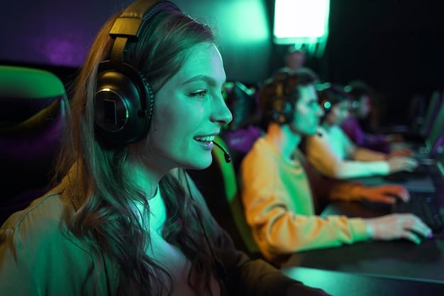 A group of console gamers wearing headsets, intensely focused on their game, participating in a competitive online tournament broadcast on a streaming platform.